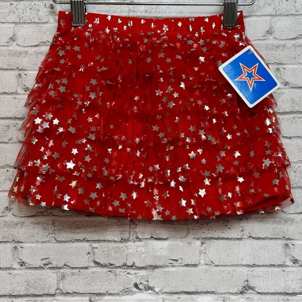 Red Layered Tulle Tutu Skirt Foil Print Silver Stars Size 24M Patriotic NEW